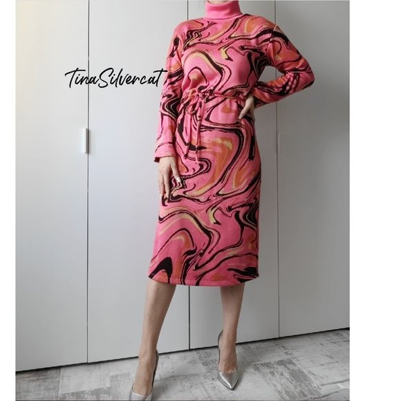 Zara Belted Jacquard Knit Sweater Midi Dress Pink Sz Small NWT - Picture 11 of 12